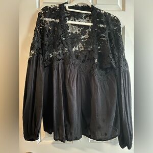 Free People Women's Lina Embroidered Lace Blouse Black Size Large
